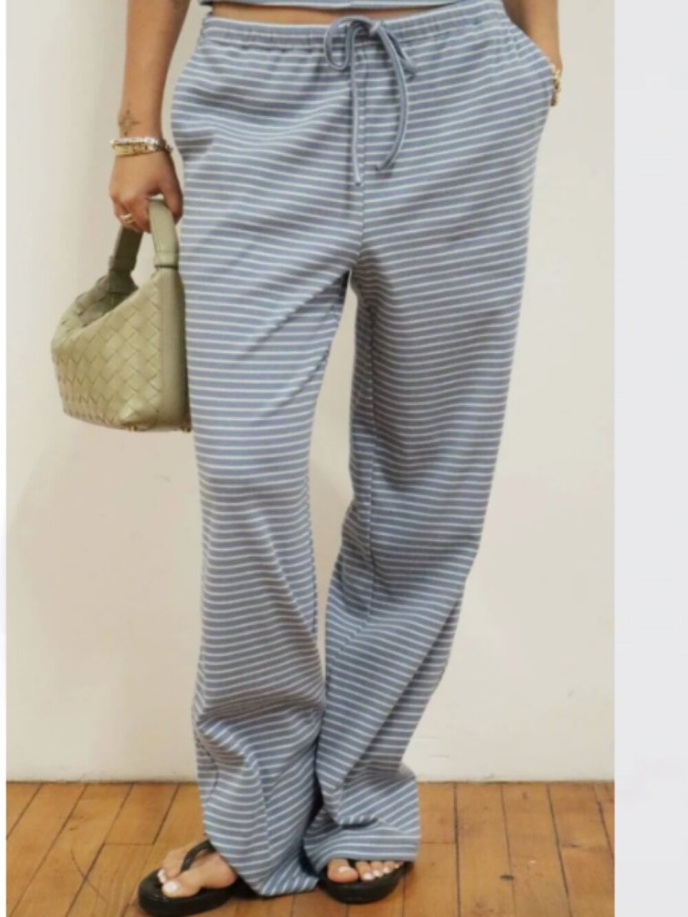 Bailey Rose Coastal Stripe Drawstring Cotton Lounge Pant Dusty Blue White L
